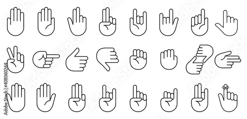 Hand icon set. Clapping hands and other gestures, Brofisting gesture. Thin line art icons set.Black vector symbols isolated on white.
