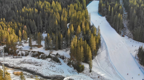 Bild auf Leinwand Sappada ski trail aerial view in winter season, Italian Alps