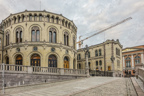 Norwegian Parliament building or Storting building (Stortingsbygningen, 1866) at 22 Karl Johans gate in Oslo. Norway.