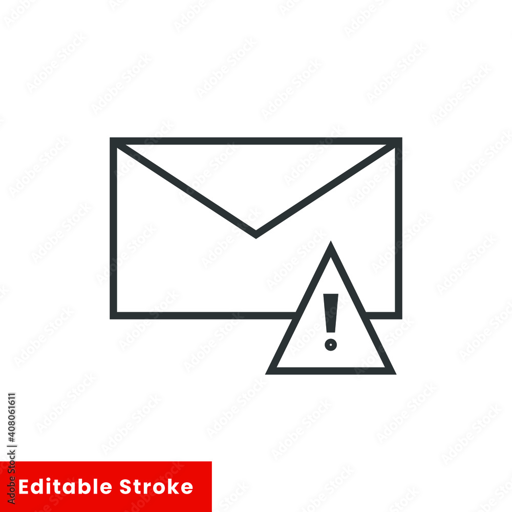 Warning alert message icon. Simple line style for web template and app. Email, suspicious, letter, mail, news, notification, vector illustration design on white background. Editable stroke EPS 10 Warning alert message icon. Simple line style for web template and app. Email, suspicious, letter, mail, news, notification, vector illustration design on white background. Editable stroke EPS 10