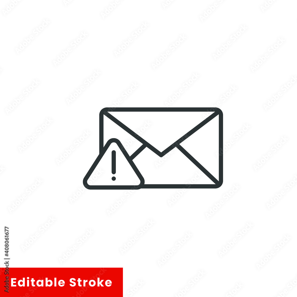 Warning alert message icon. Simple line style for web template and app. Email, suspicious, letter, mail, news, notification, vector illustration design on white background. Editable stroke EPS 10 Warning alert message icon. Simple line style for web template and app. Email, suspicious, letter, mail, news, notification, vector illustration design on white background. Editable stroke EPS 10