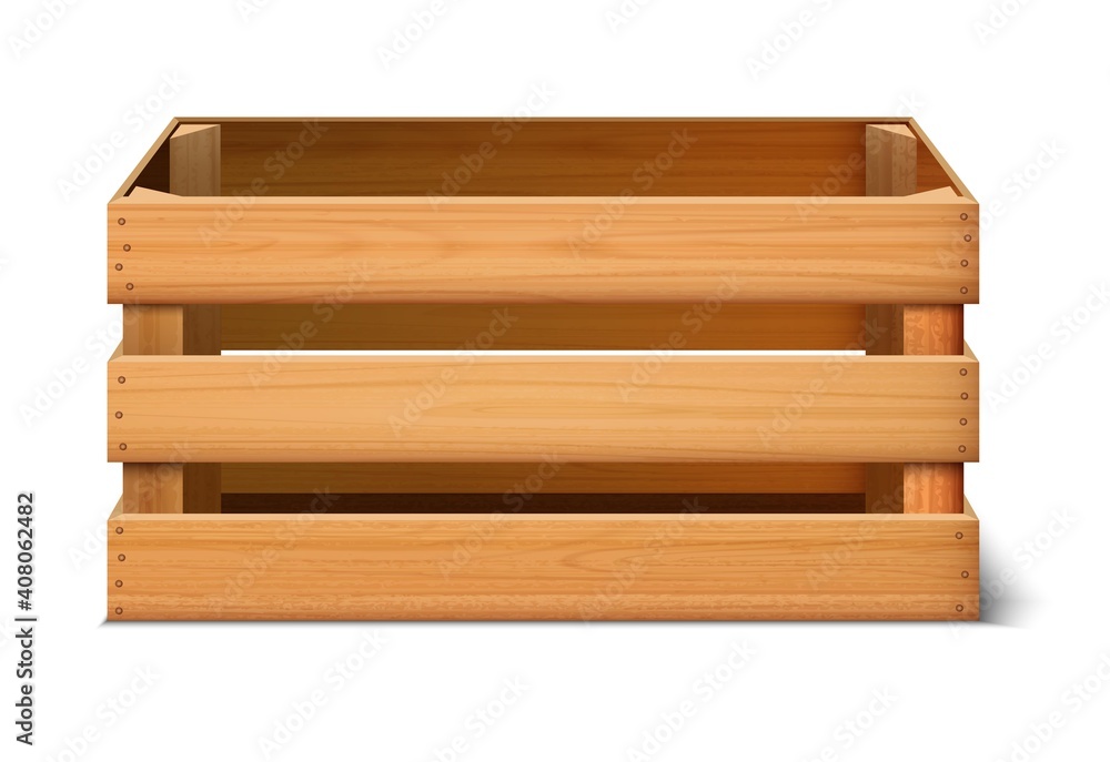 3d realistic vector cargo storage wooden box front view. Isolated on white background. 3d realistic vector cargo storage wooden box front view. Isolated on white background.