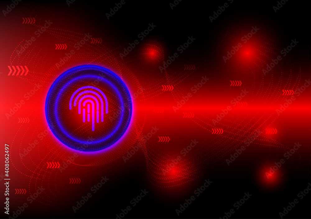 Fingerprint and security concept. blue virtual fingerprint with blue ring on red technology background. Safety internet and network connection.