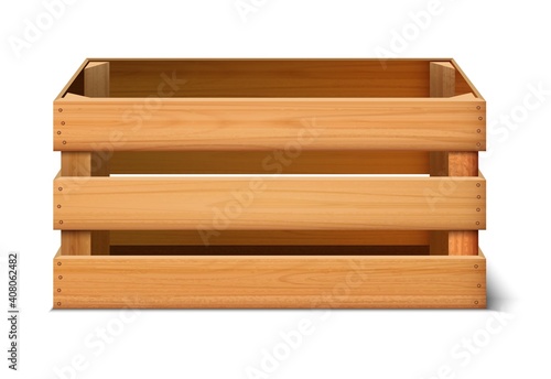 3d realistic vector cargo storage wooden box front view. Isolated on white background.