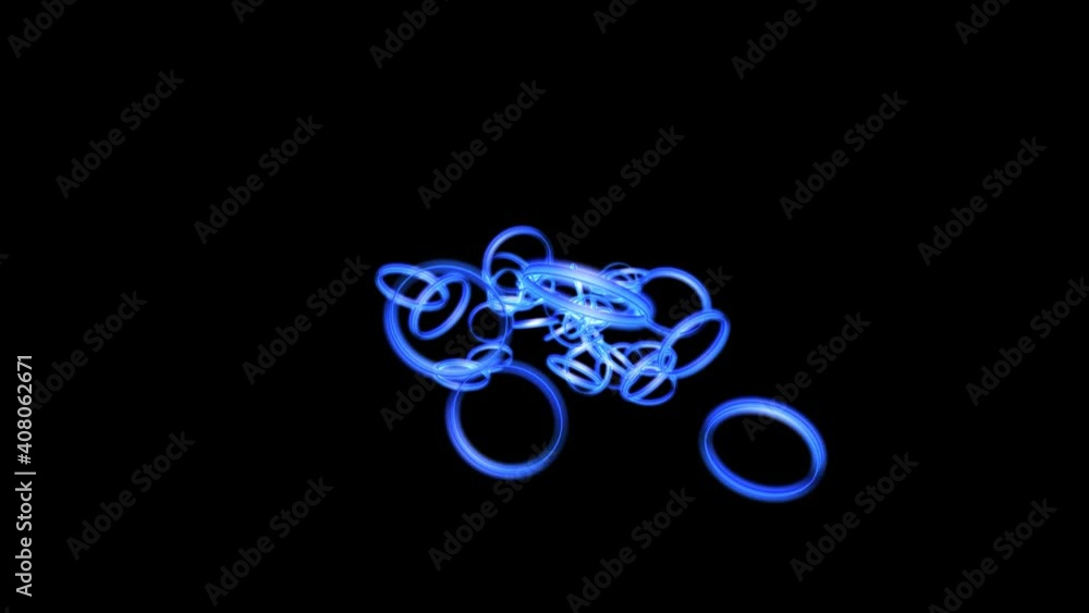 Blue neon circles, glowing moving streams of light, all around. Abstract animation on a black background. Blue neon circles, glowing moving streams of light, all around. Abstract animation on a black background.