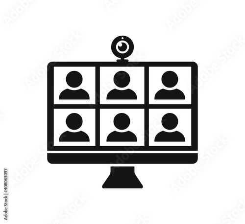 Web conference icon with people and web camera on computer screen, digital communication, teaching media video conference icon, home office in quarantine times – vector