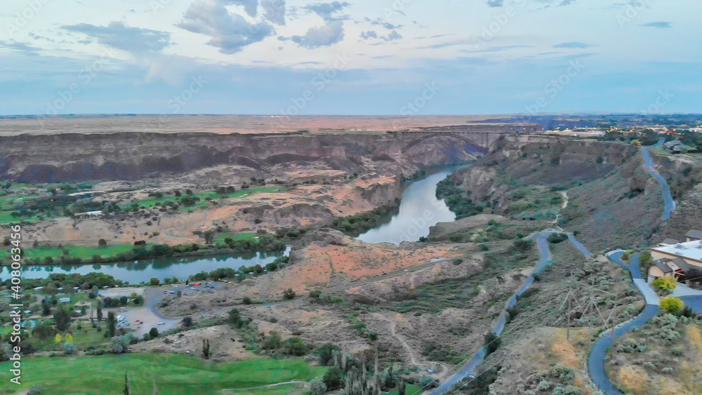Aerial view of Twin Falls countryside at sunset with Snake River and Canyon, Idaho - USA