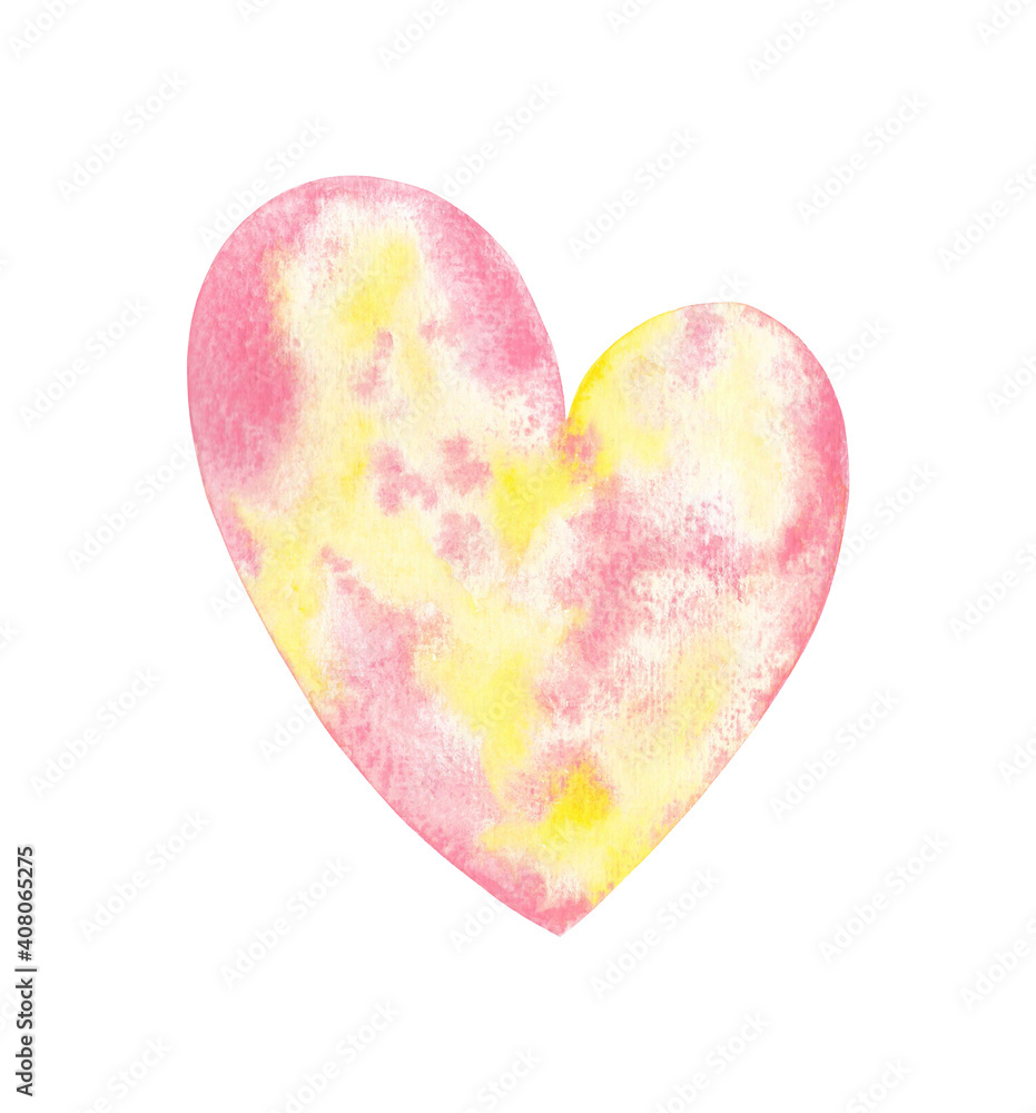Valentine's day pink and yellow heart clip art. Watercolor hand drawn love day illustration isolated on white background. Cute design element for wedding, Valentine's day, invitation and more.