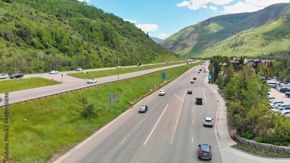 Vail city center and surrounding mountains, Colorado. Aerial view from drone in summer season Vail city center and surrounding mountains, Colorado. Aerial view from drone in summer season