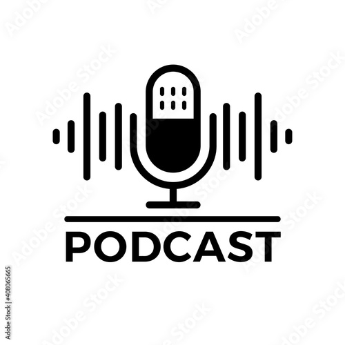 Vector illustrate the microphone icon in a black and white negative space.  Studio microphone table broadcast podcast text. Logo, application, user interface. Podcast radio icon. 