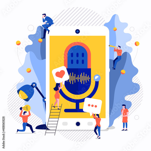Vector illustrations concept design podcast channel. Teamwork make podcasting.Studio microphone table broadcast people. Podcast radio icon. 