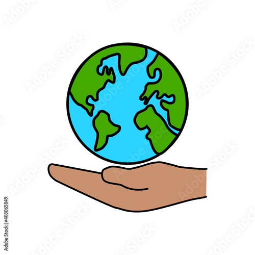 Drawing of earth on human hand on white background. World on people hand.