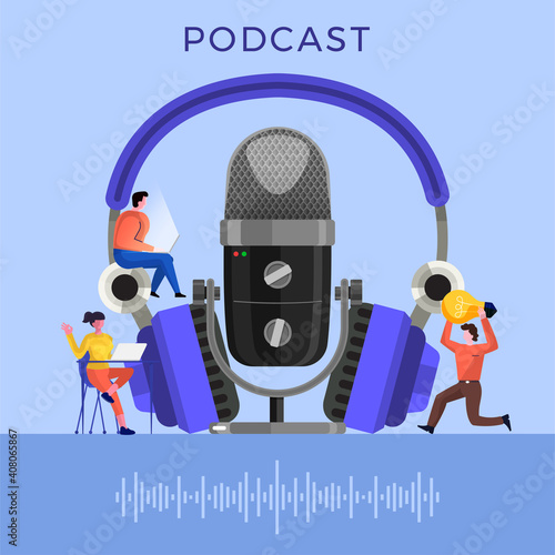 Vector illustrations concept design podcast channel. Teamwork make podcasting.Studio microphone table broadcast people. Podcast radio icon. 