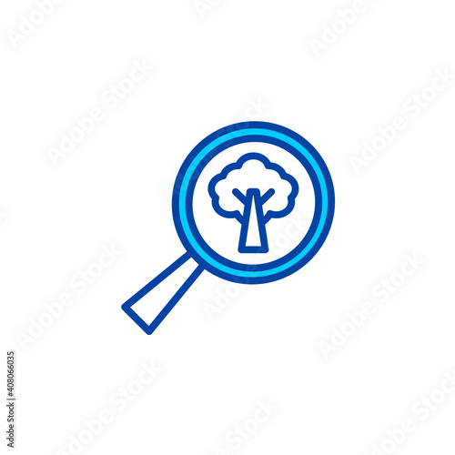 Plant search magnifying glass icon in blue color style