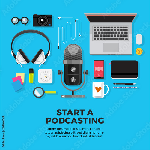 Vector illustrations concept design podcast channel. Teamwork make podcasting.Studio microphone table broadcast people. Podcast radio icon. 