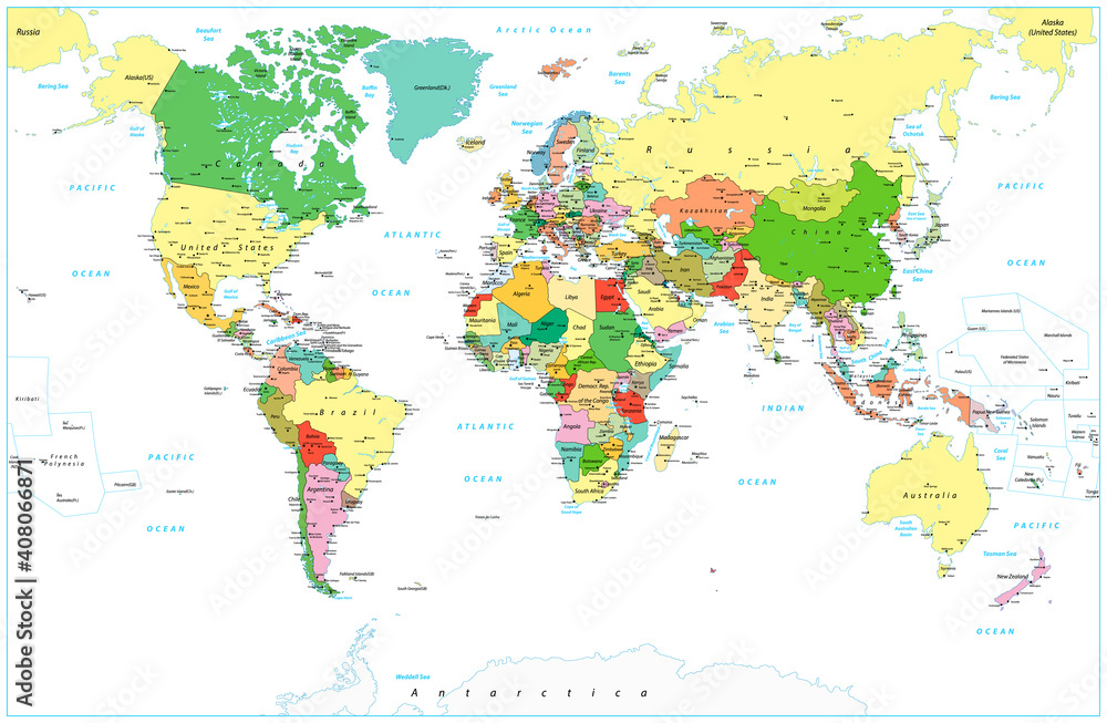 Fototapeta Szczegółowa mapa polityczna świata na białym tle
