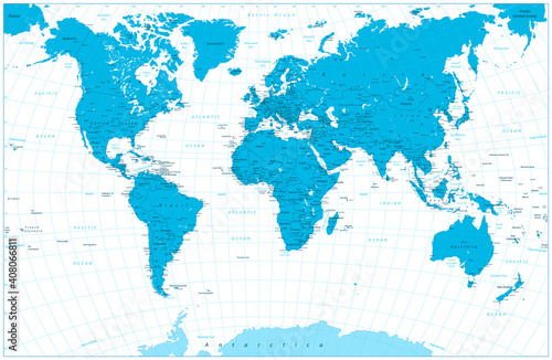 Fototapeta Naklejka Na Ścianę i Meble -  Blue color World Map highly detailed illustration