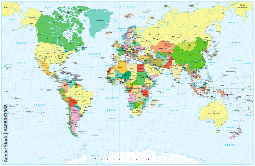 Fototapeta Duża szczegółowa polityczna mapa świata i obiekty wodne