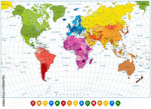 Fototapeta Naklejka Na Ścianę i Meble -  Detailed World Map spot colors and colorful map pointers