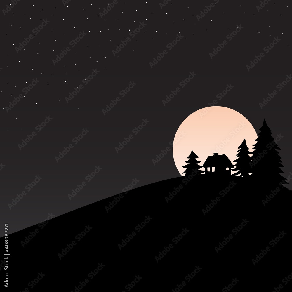 Small cabin and winter pine forest in the shining moon and stars at the night background illustration vector
