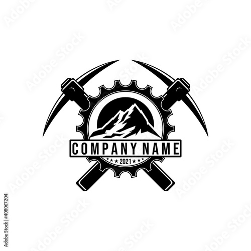 mountain pickaxe vintage logo vector industry symbol illustration design