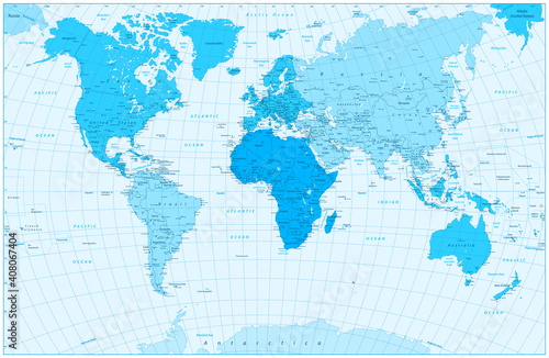 Large detailed World Map and continents in colors of blue