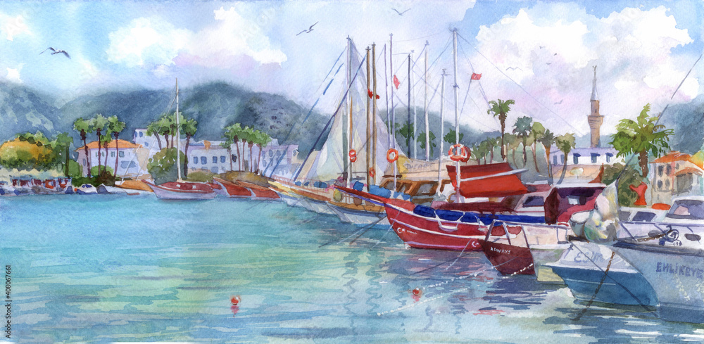 Watercolor Yachts in Bodrum Harbor. Yachts in the port, sea bay. Town on the coast of Aegean Sea. Illustration, traditional painting. 