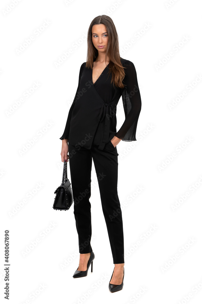 woman in a black suit standing isolated on white background woman in a black suit standing isolated on white background