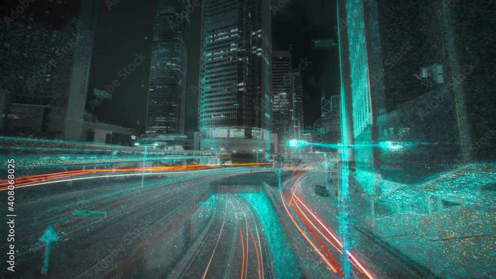 Digital model of a city street by laser scanning. 3D point cloud from lidar. Machine learning system concept