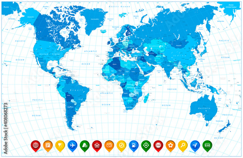 World map in colors of blue and colorful map pointers