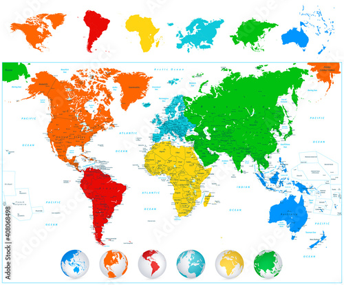 World map with colorful continents and 3D globes.