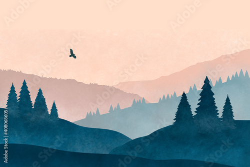 Acrylic illustration of mountains with a soaring eagle. Watercolor grunge drawing of a mountain landscape with a bird.