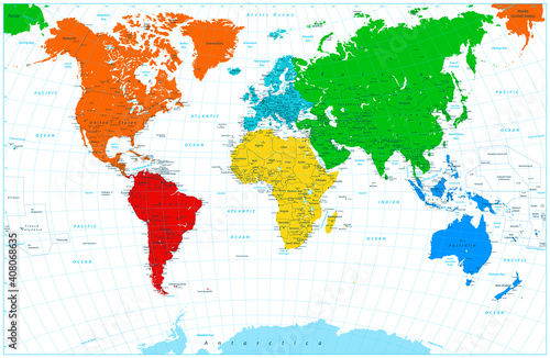 Fototapeta Naklejka Na Ścianę i Meble -  World map with colorful continents
