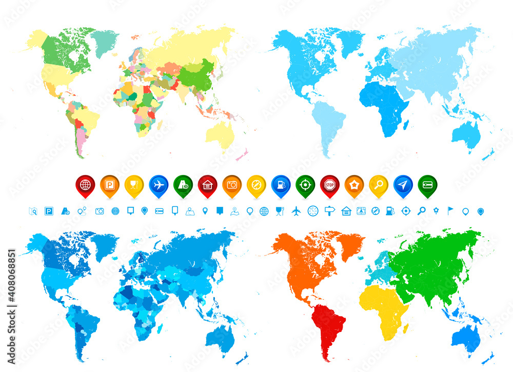 World maps collection and navigation icons in different colors and its different assignment