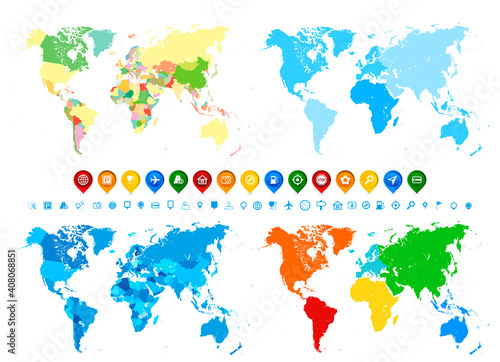 World maps collection and navigation icons in different colors and its different assignment