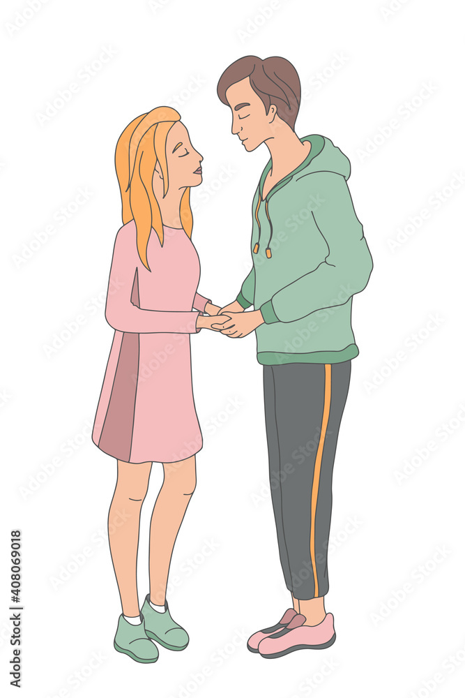 Young man and woman couple holding hands and kissing. Hand-drawnind vector illustration 