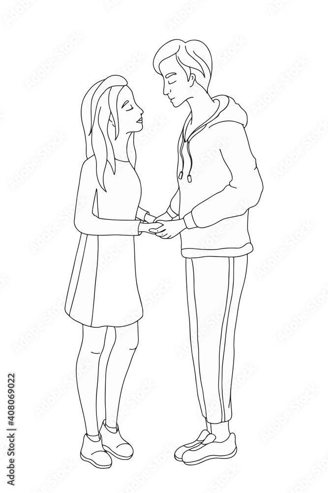 Young man and woman couple holding hands and kissing. Hand-drawnind vector illustration 