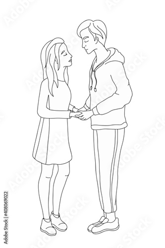 Young man and woman couple holding hands and kissing. Hand-drawnind vector illustration 