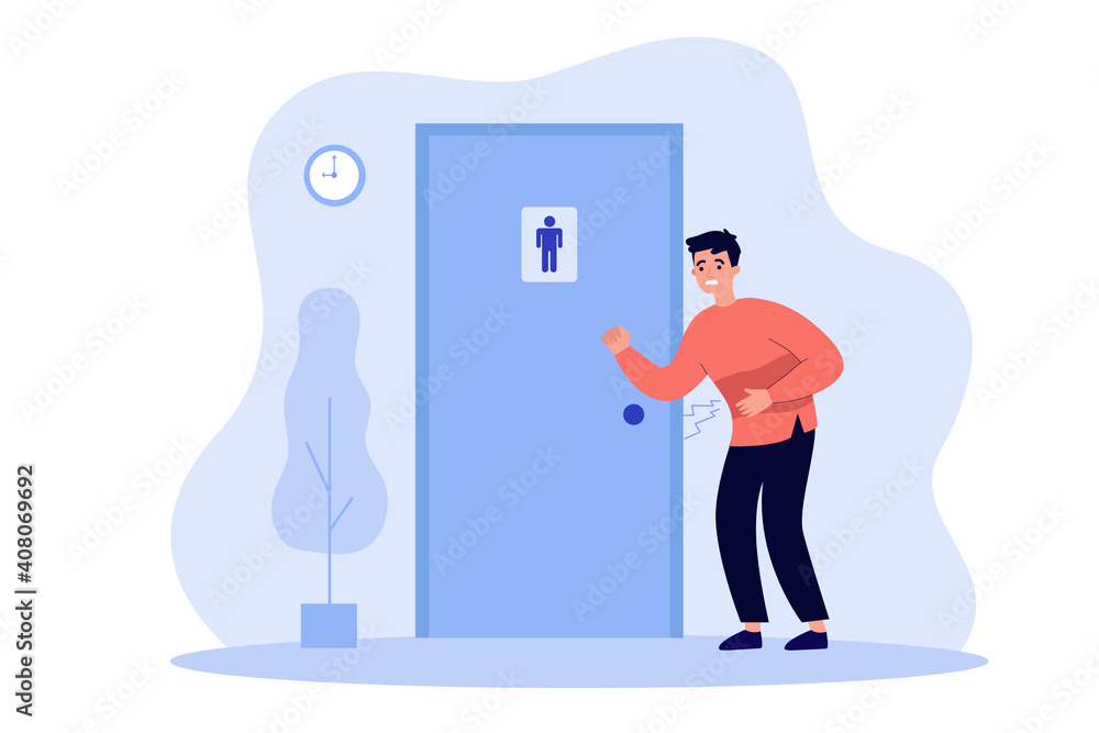 Unhappy man suffering from diarrhea, knocking public bathroom door. Vector illustration for stomach ache, toilet need, belly disease concept