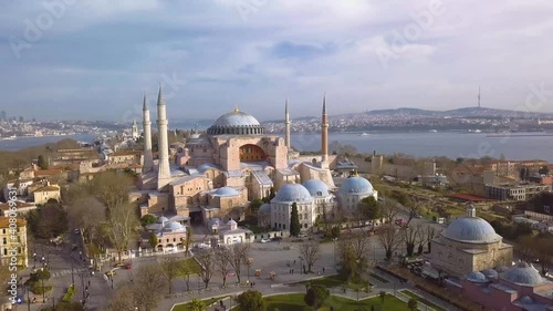 View of Hagia Sophia and Bosphorus while landing with drone.