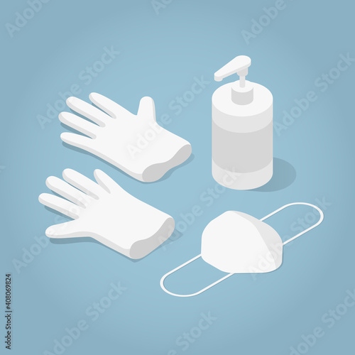 Isometric Mask Gloves And Sanitizer Illustration