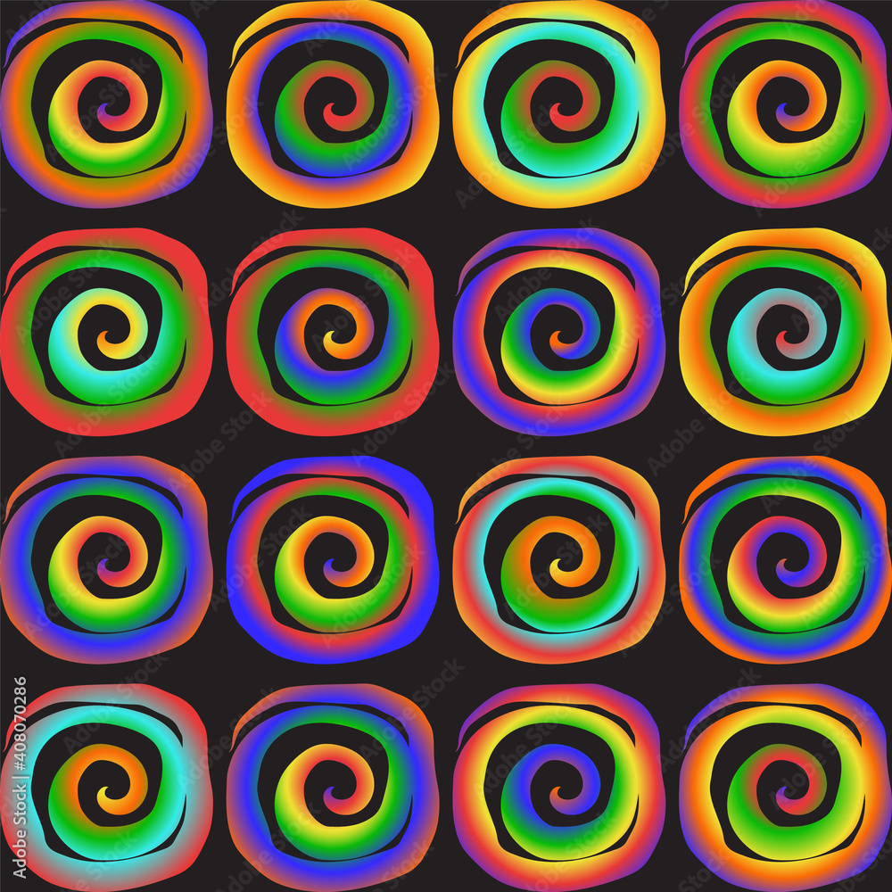 Bright hippie-style pattern made of rainbow spirals on a black background