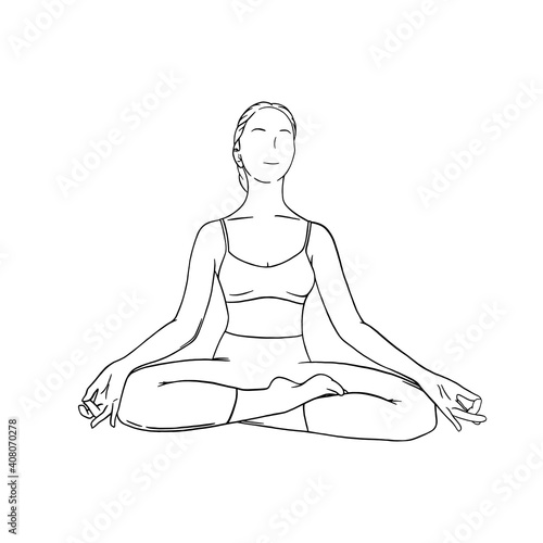 Yoga meditation in siddhasana. Om meditation for body relax and spirit harmony. Engraved vector illustration isolated on white background photo