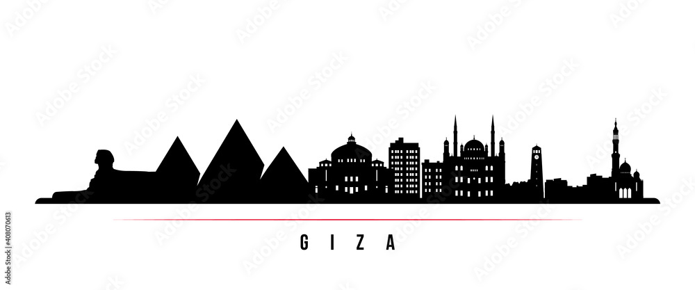 Giza skyline horizontal banner. Black and white silhouette of Giza, Egypt. Vector template for your design.