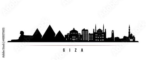 Giza skyline horizontal banner. Black and white silhouette of Giza, Egypt. Vector template for your design.
