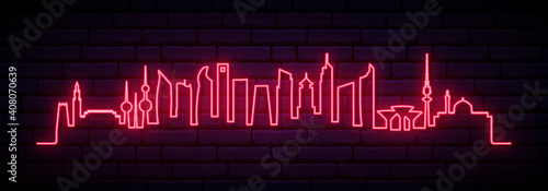 Red neon skyline of Kuwait city. Bright Kuwait city City long banner. Vector illustration.