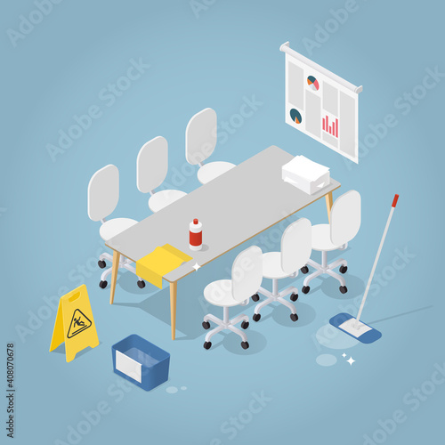 Isometric Office Cleaning Illustration