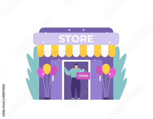 a grand opening concept, customer reception, welcome. illustration of a shop clerk or worker holding an open board to inform that a new shop has opened. flat style. vector design elements