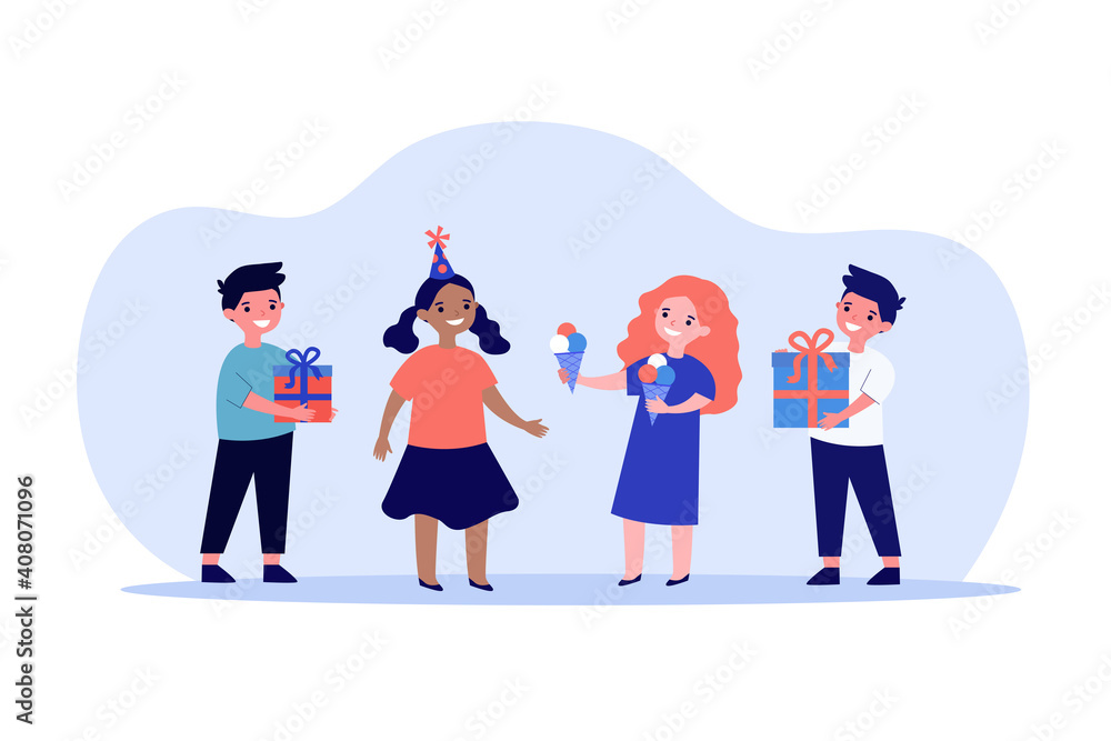 Fototapeta premium Cute children celebrating birthday together. Ice cream, gift, friend flat vector illustration. Holiday and celebration concept for banner, website design or landing web page