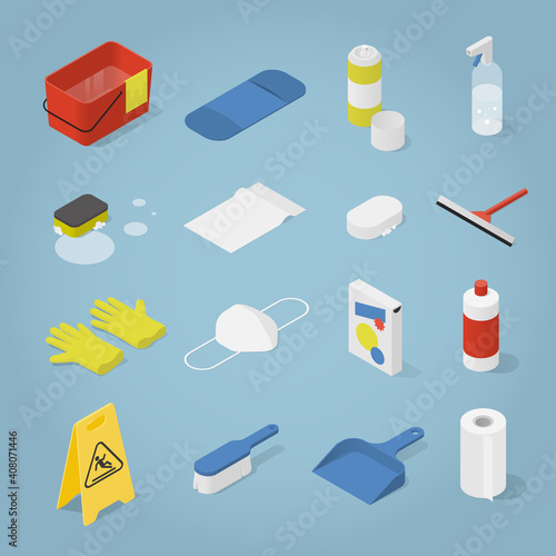 Isometric Cleaning Objects Set